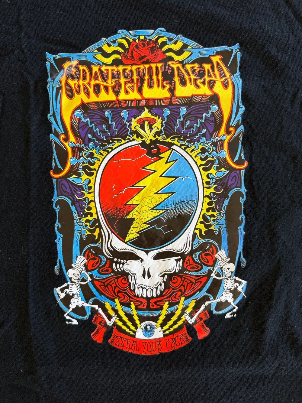 Grateful Dead Black Tee with Red, Blue, Yellow and Purple Steal Your Face Art
